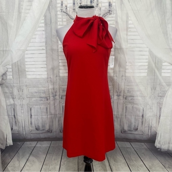 Vince Camuto Size 2 Red Sleeveless Short Shift Dress Ties at Neck Bow Halter NEW - Picture 1 of 9